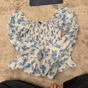Boohoo Blue and White Floral Blouse